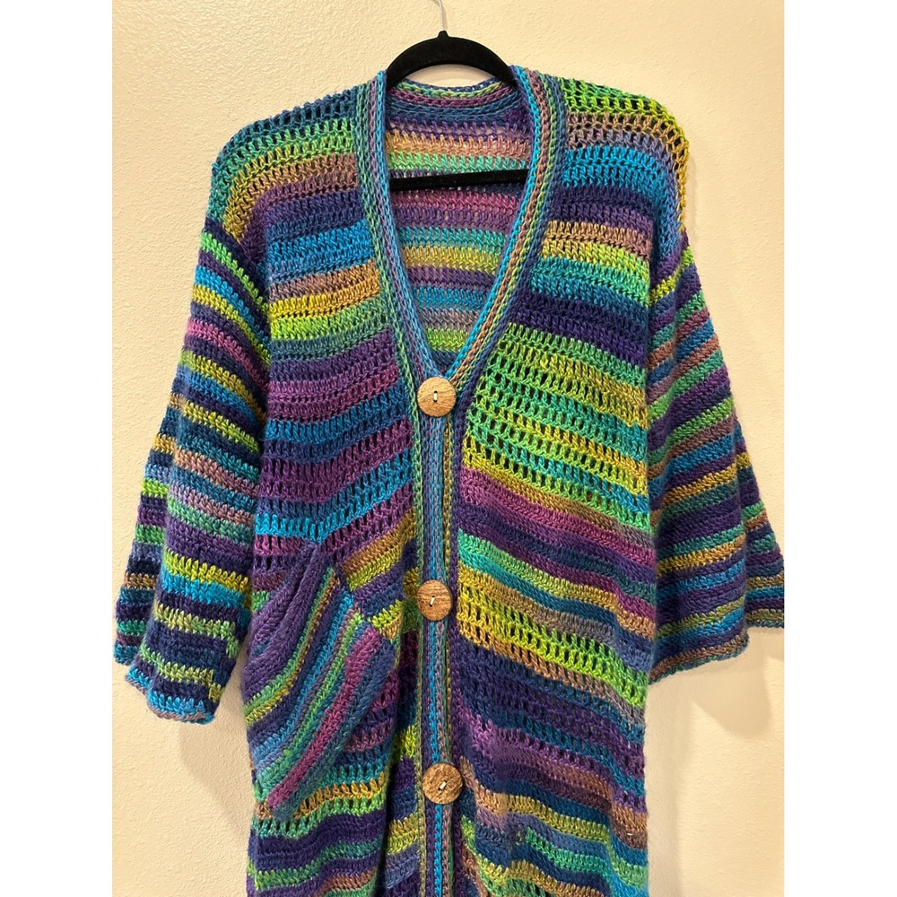 Handmade Crochet Longline Cardigan Striped Boho Duster Sweater Purple Blue Green